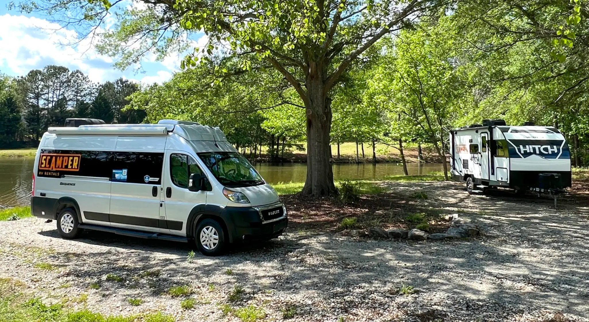 Lakeside camping with van and trailer